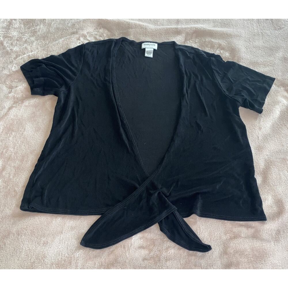 Chicos Travelers Black Open Front Open Short Sleeve Cardigan Size 1 Tie Front
